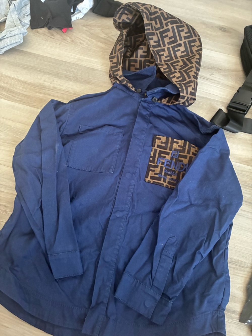 Fendi Navy and Brown Hooded Lightweight Jacket with Monogram Hood and Pocket